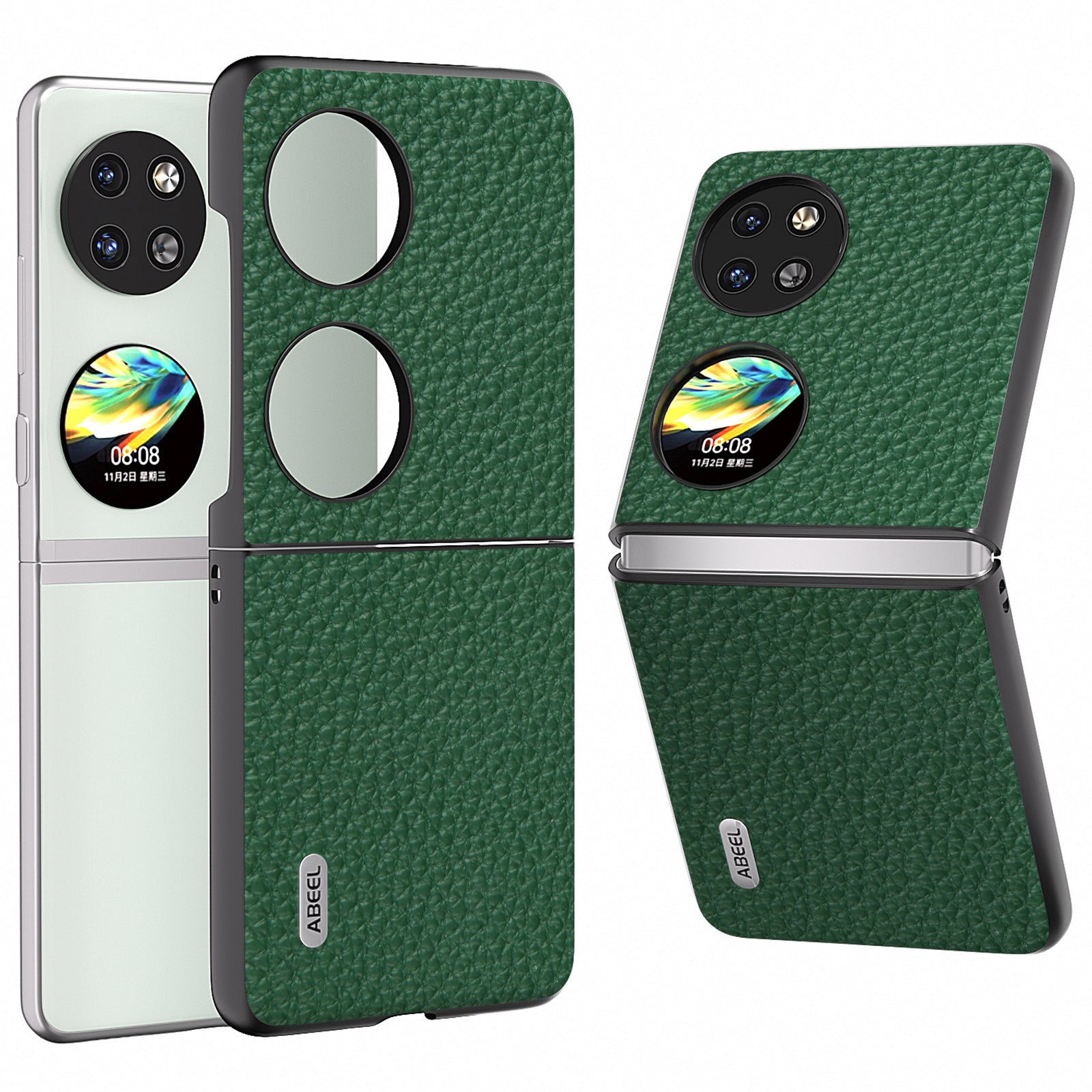 ABEEL For Huawei Pocket 2 Phone Case Genuine Cow Leather with Hard PC Inner Shell Litchi Texture - Green ABEEL For Huawei Pocket 2 Phone Case Genuine Cow Leather with Hard PC Inner Shell Litchi Texture - Green